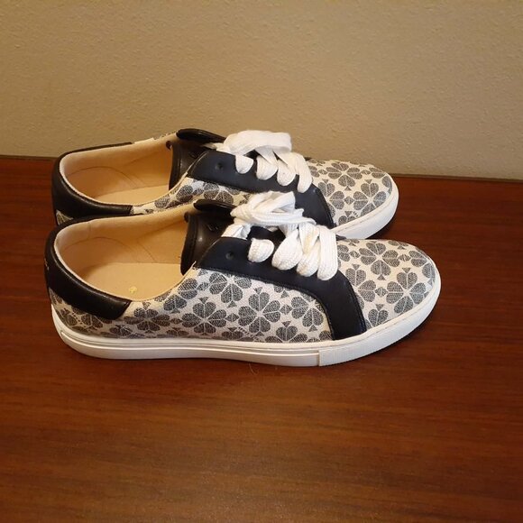 Kate Spade Erin Spade Flower Printed Leather Sneaker in White/Black - Picture 3 of 7